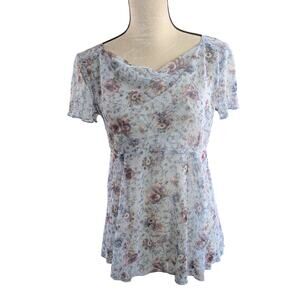 Vintage Y2K 90s Maternity Sz S Blue Babydoll Top Sheer Mesh Cowl Neck Floral